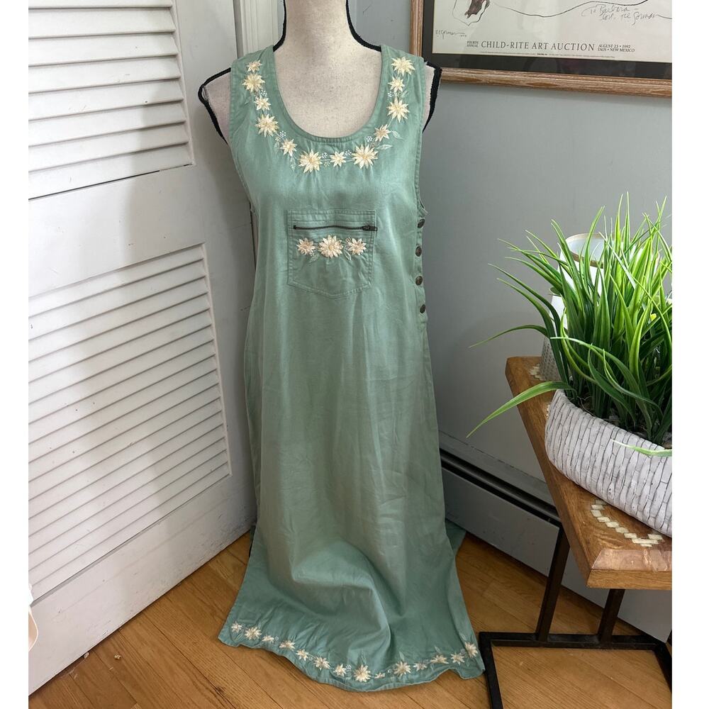 Vintage Dressbarn Dress Womens Medium Green Overall Jumper Retro Country Boho